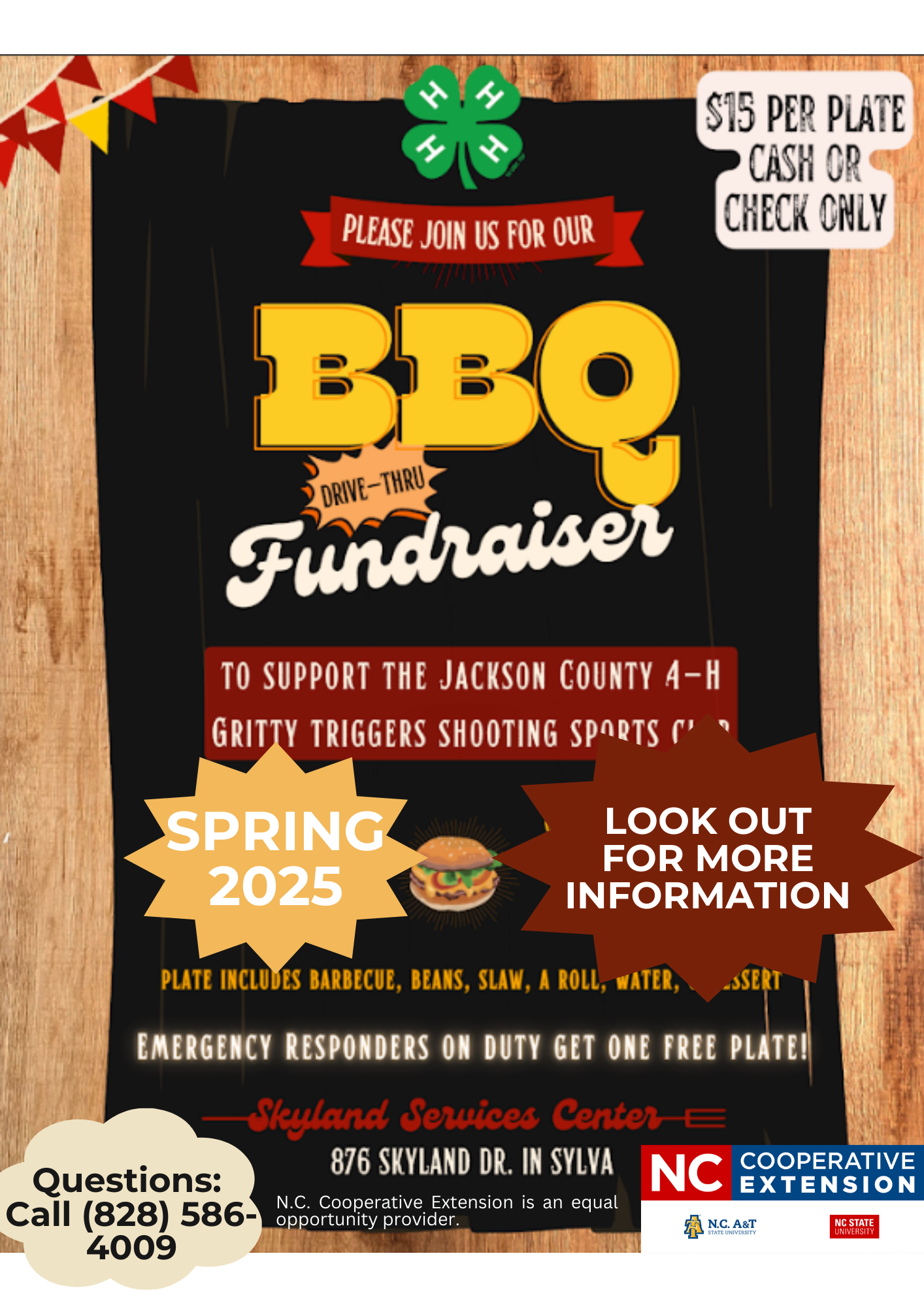 Poster for the gritty Triggers BBQ fundraiser. $15 a plate, spring 2025, first responders and linemen eat free, Skyland Services Center, call 828.586.4009 for more information