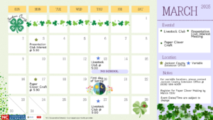 A calendar showing the events happening in March in Jackson County